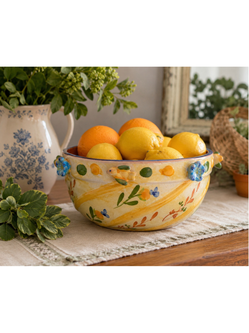 World Bazaars Hand Painted Art Pottery Bowl Bird Handles Floral 8.5”